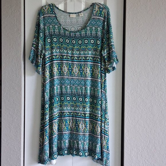 Westbound Teal Blue Print Short Sleeve Midi Dress Women's Size XL - Picture 1 of 10